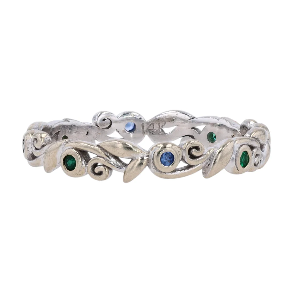 14K White Gold Green Stone Band Ring