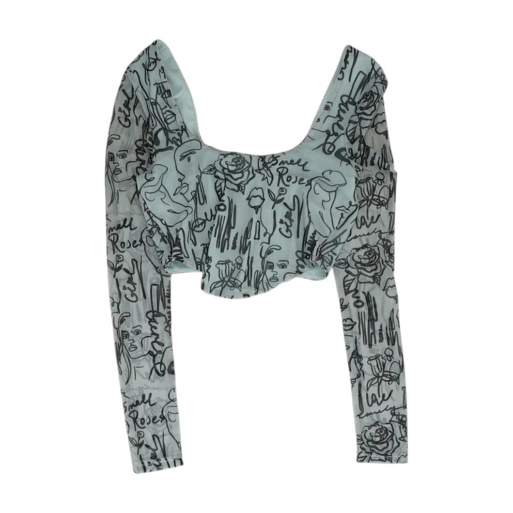 Gray Graphic Cropped Blouse