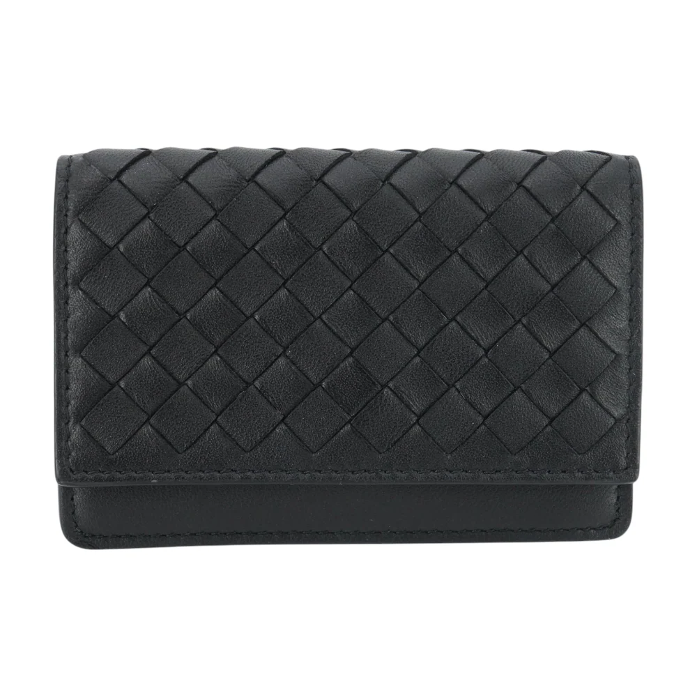 Black Intrecciato Leather Flap Business Card Wallet