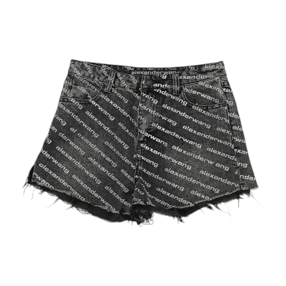 Black Print Denim Shorts