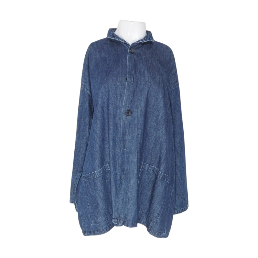 Blue Cotton Denim Angle to Front Double Stand Collar Jacket