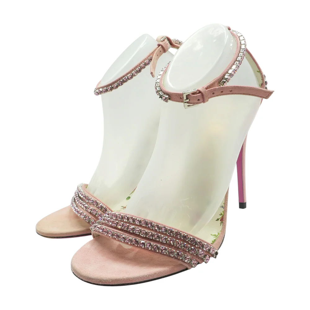 Pink Isle Crystal Embellished Suede Ankle Strap Sandals