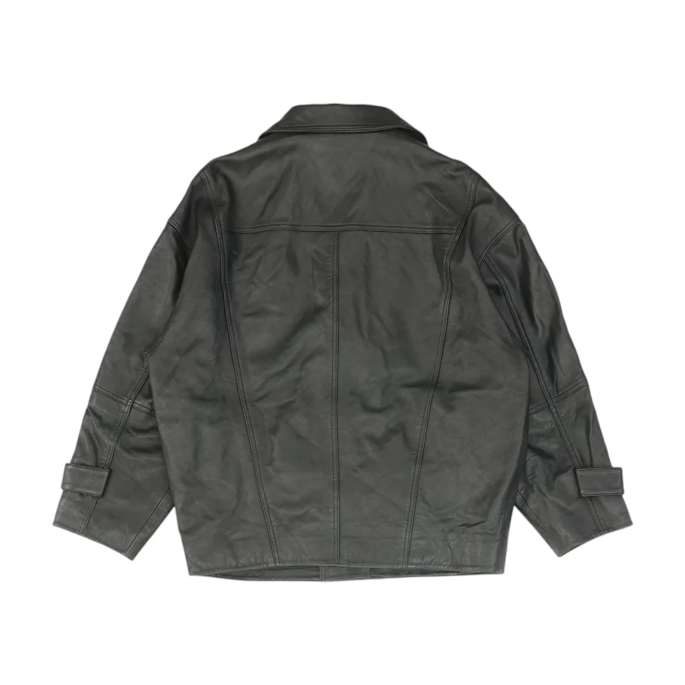 Black Solid Leather Jacket - Image 2