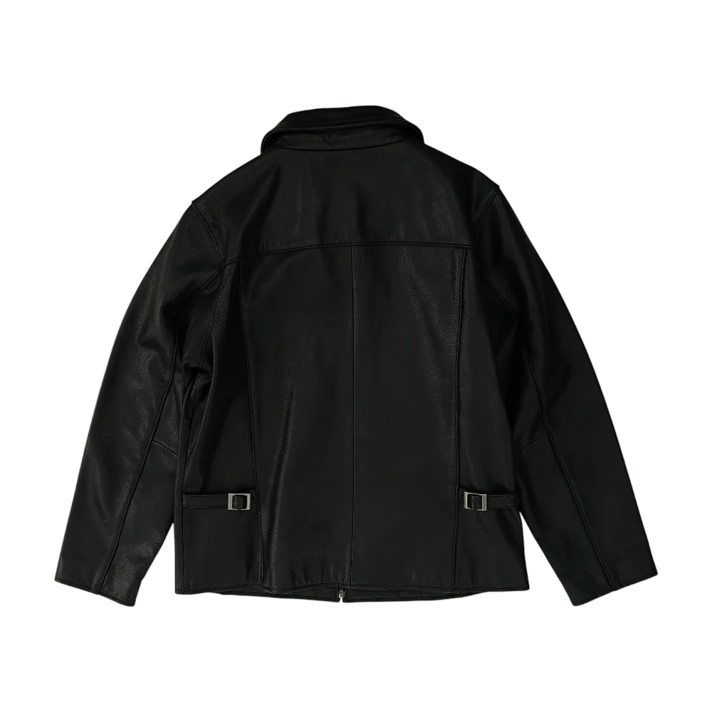 Black Solid Leather Jacket - Image 2
