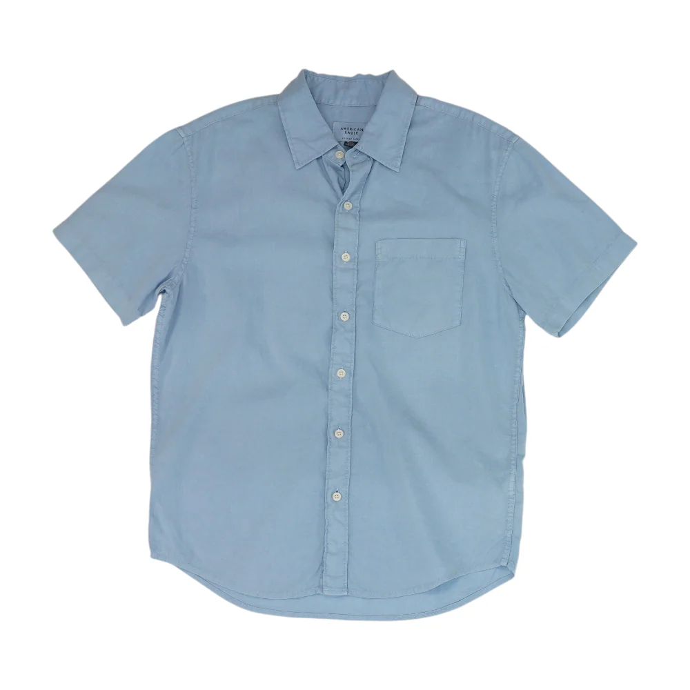 Blue Solid Short Sleeve Button Down