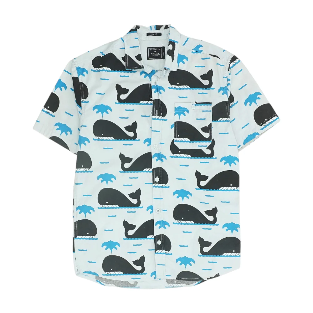 Blue Graphic Short Sleeve Button Down