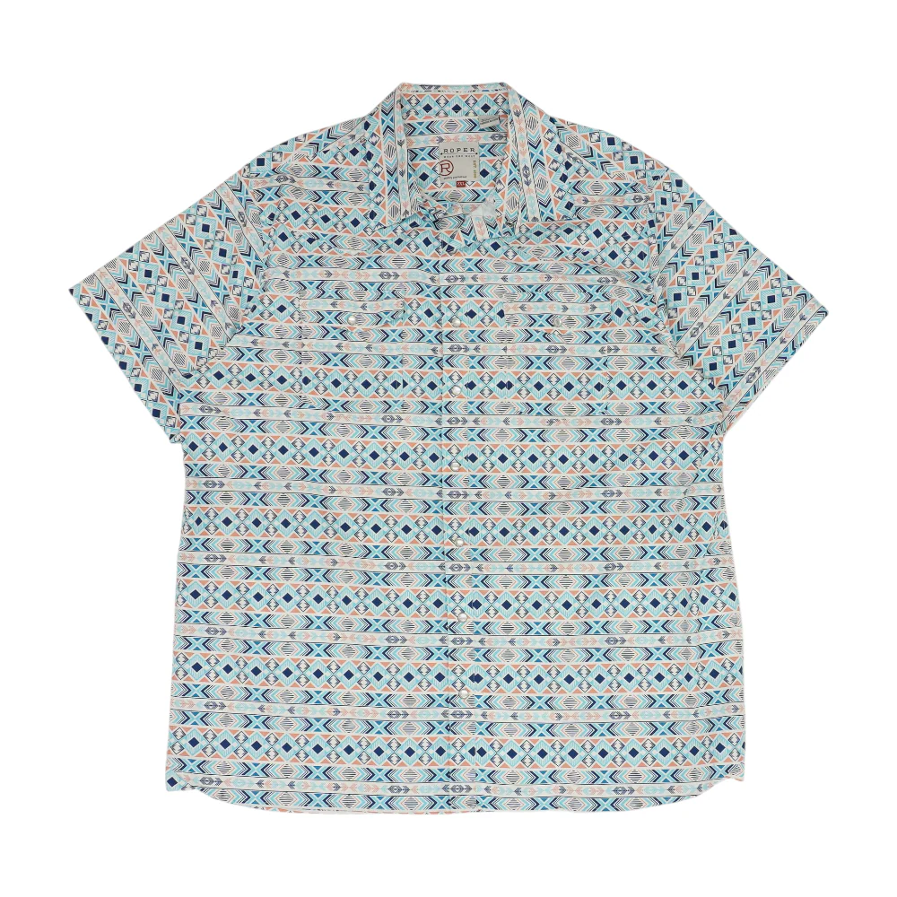 Blue Geometric Short Sleeve Button Down