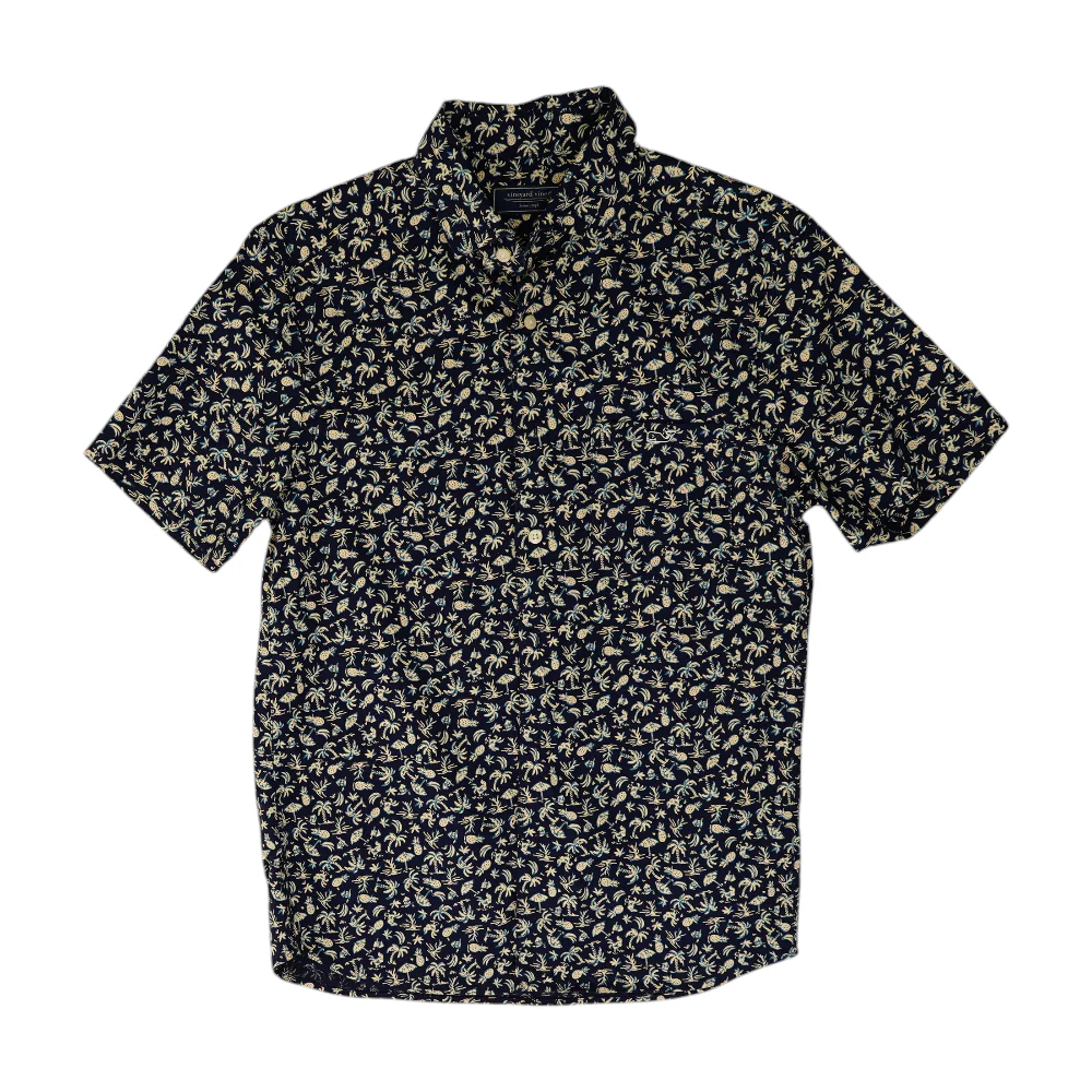 Navy Print Short Sleeve Button Down