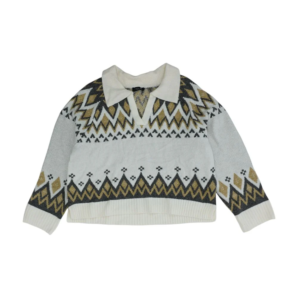 White Geometric V-Neck Sweater