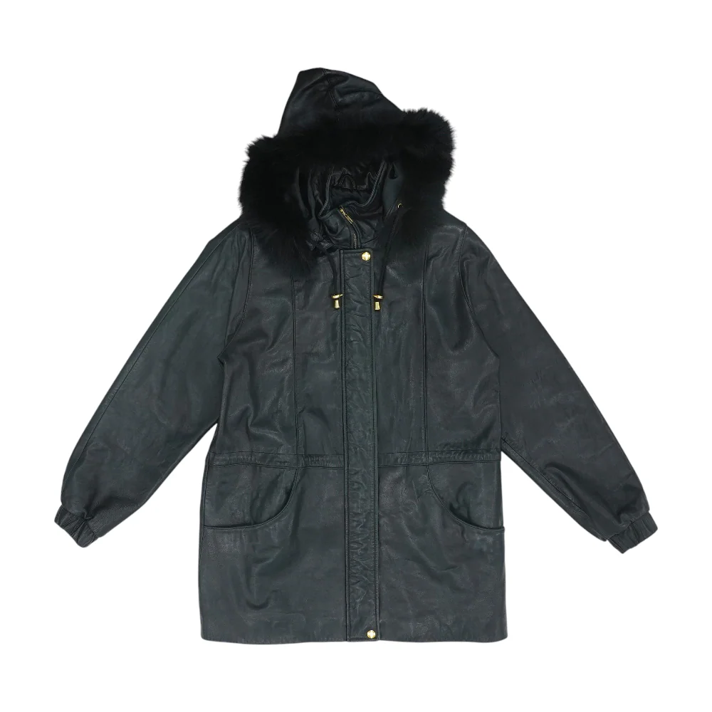 Black Solid Leather Coat
